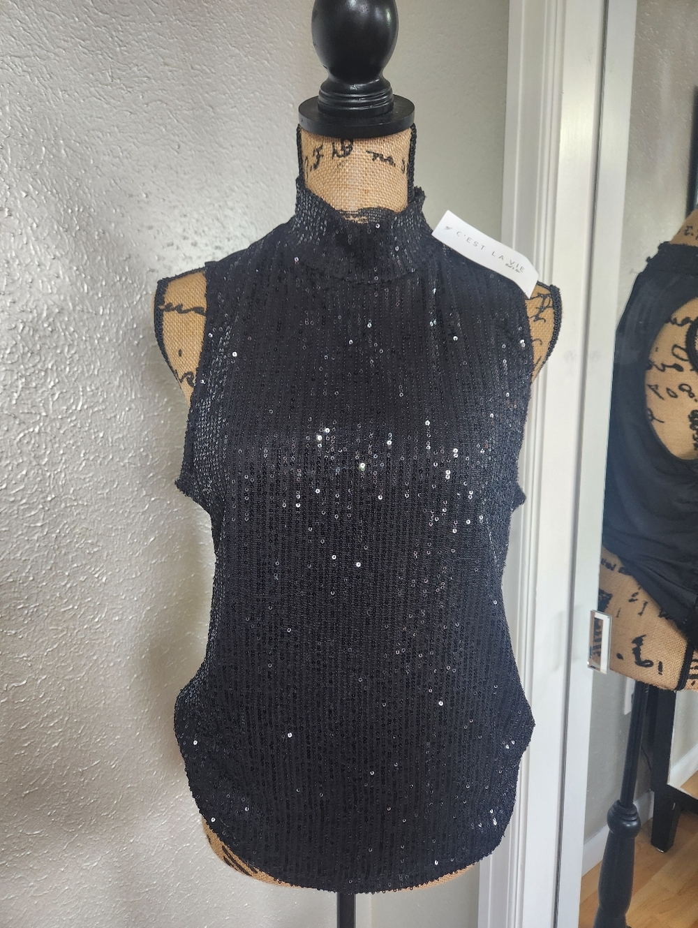 Women's Black Sequin Mock Neck Sleeveless Camisole